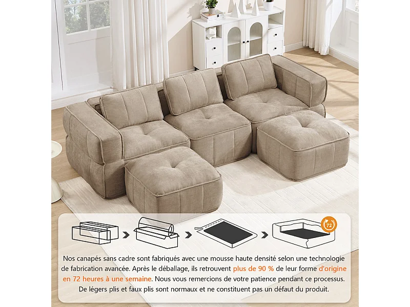 Modulaire panoramische hoekbank in stof, 3-zits, met 2 poefs, 271x162x67cm, Bruin