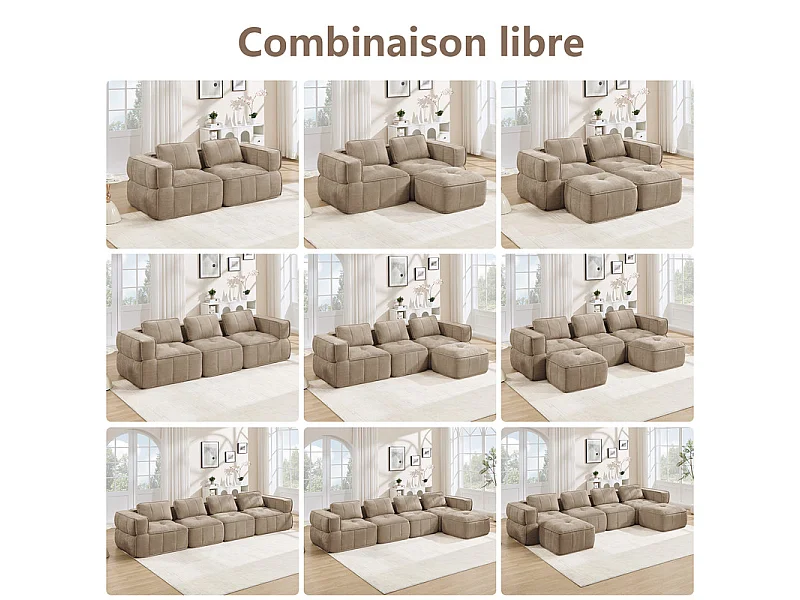 Modulaire panoramische hoekbank in stof, 3-zits, met 2 poefs, 271x162x67cm, Bruin