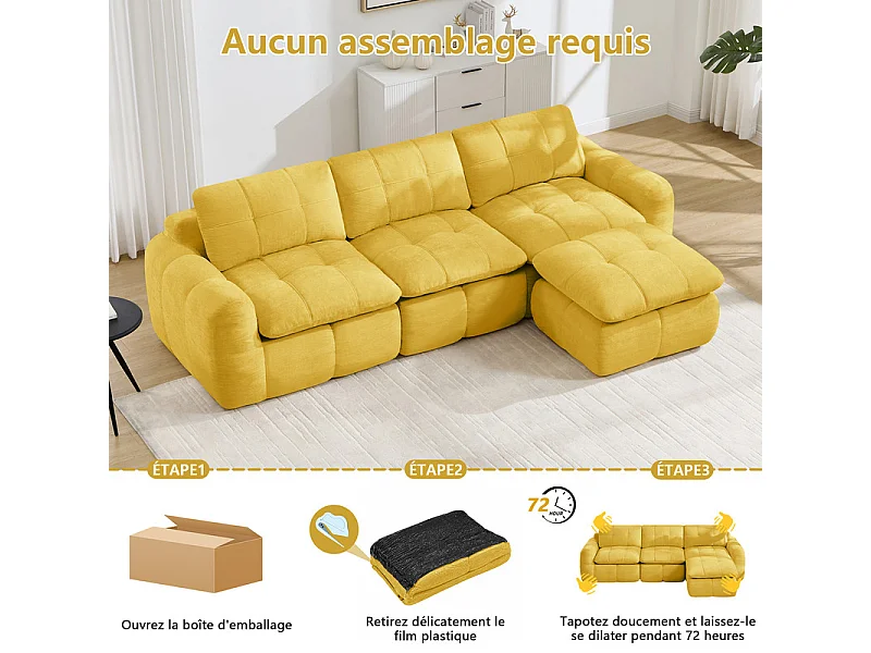 Canapé 3 places d'angle modulable en tissu chenille, avec pouf, 264x160x68cm, Jaune