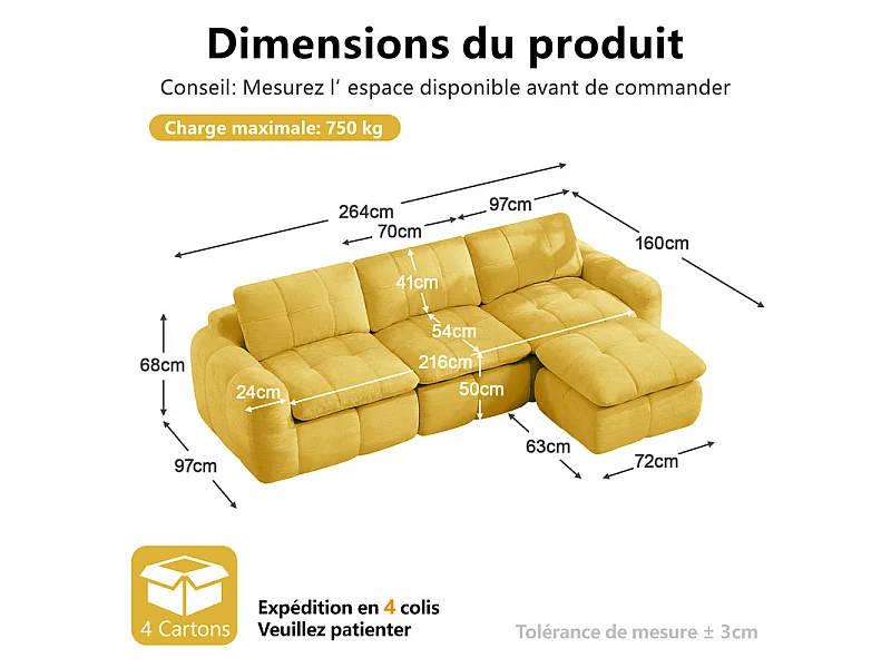 Canapé 3 places d'angle modulable en tissu chenille, avec pouf, 264x160x68cm, Jaune