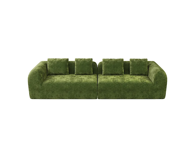 Canapé 4 places modulable en tissu chenille vert - avec 4 oreillers - 280x97x66cm