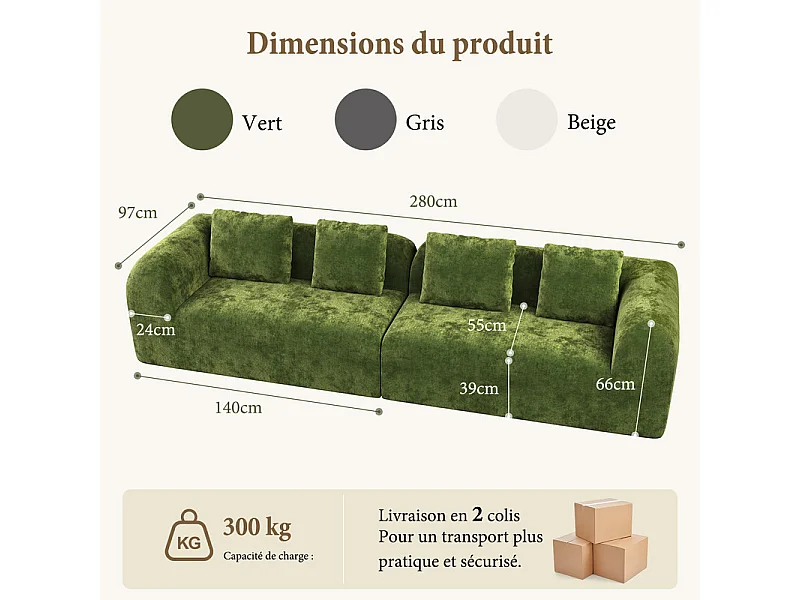 Canapé 4 places modulable en tissu chenille vert - avec 4 oreillers - 280x97x66cm