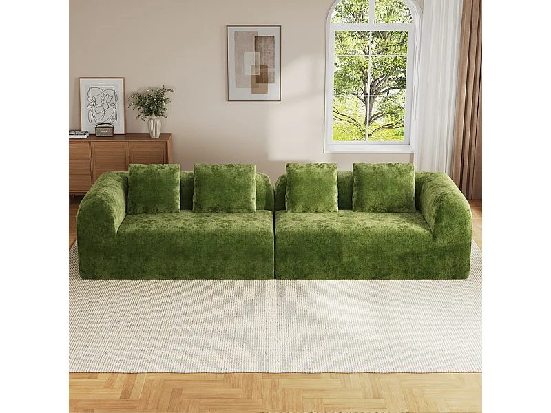 Canapé 4 places modulable en tissu chenille vert - avec 4 oreillers - 280x97x66cm