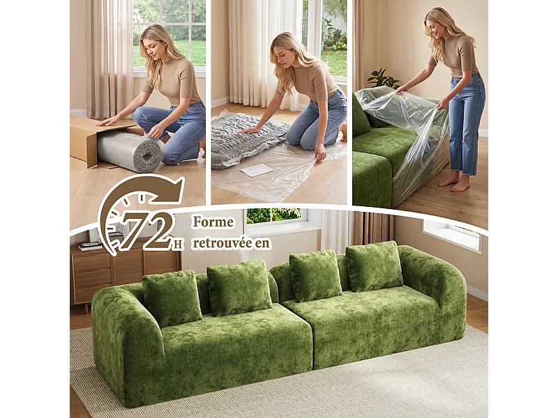 Canapé 4 places modulable en tissu chenille vert - avec 4 oreillers - 280x97x66cm