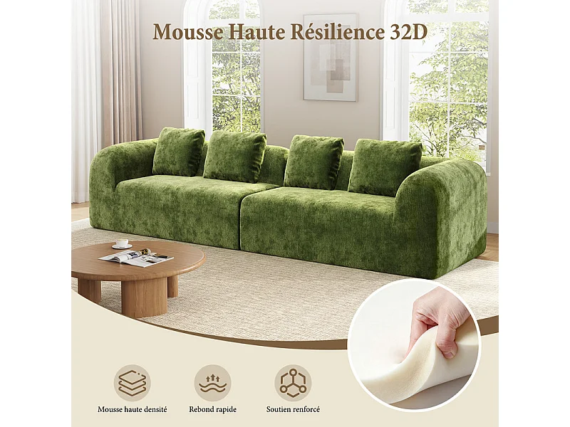 Canapé 4 places modulable en tissu chenille vert - avec 4 oreillers - 280x97x66cm