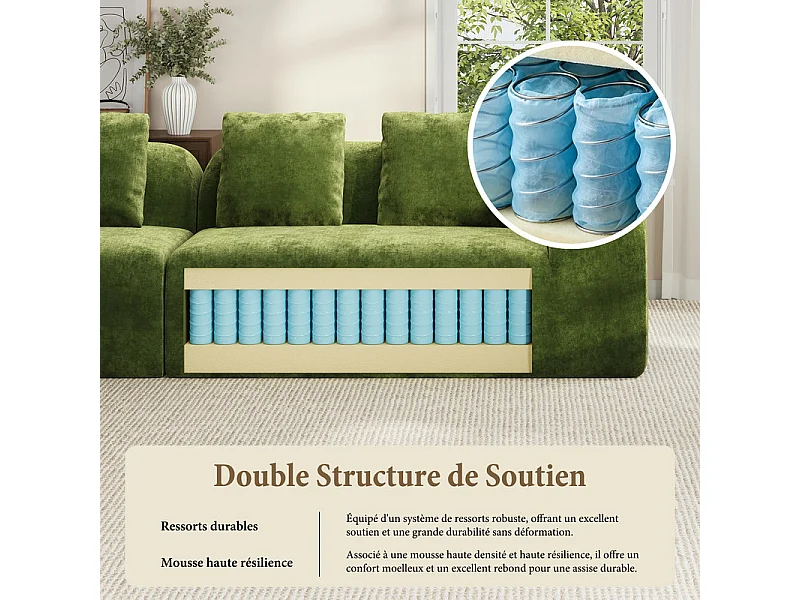 Canapé 4 places modulable en tissu chenille vert - avec 4 oreillers - 280x97x66cm