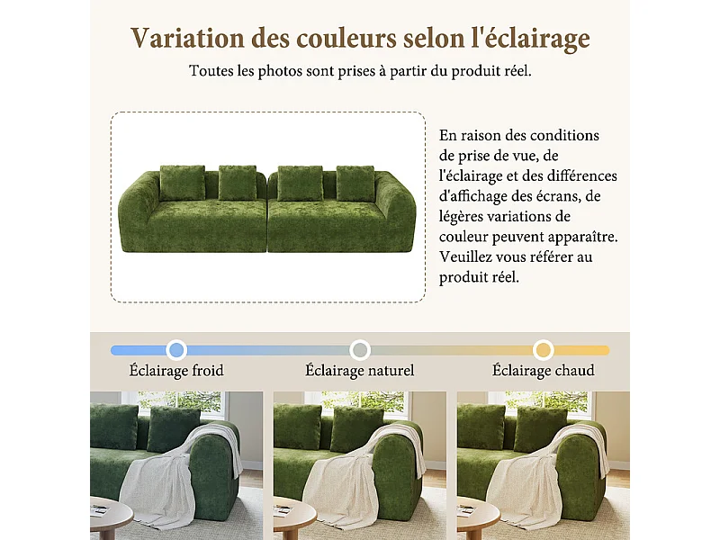 Canapé 4 places modulable en tissu chenille vert - avec 4 oreillers - 280x97x66cm