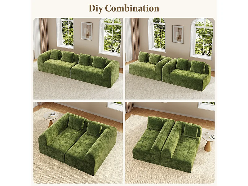 Canapé 4 places modulable en tissu chenille vert - avec 4 oreillers - 280x97x66cm