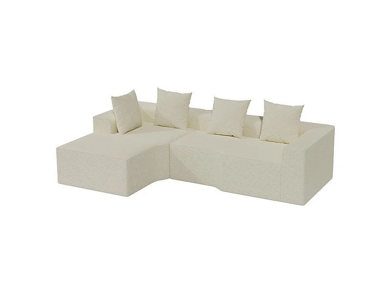 Canapé d'angle gauche modulable, velours côtelé, avec 4 oreillers et méridienne, 270x152x59cm, Beige