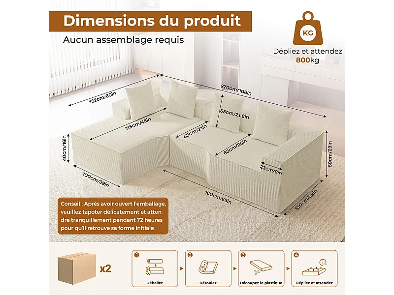 Canapé d'angle gauche modulable, velours côtelé, avec 4 oreillers et méridienne, 270x152x59cm, Beige
