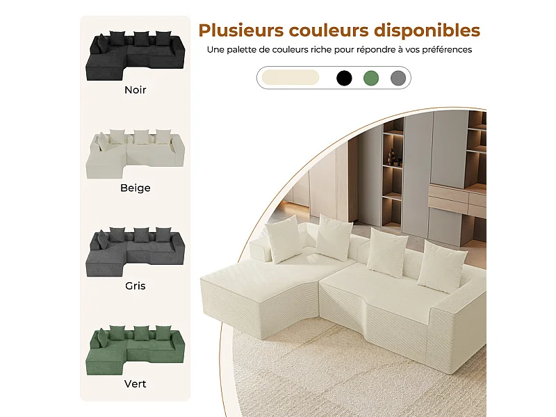 Canapé d'angle gauche modulable, velours côtelé, avec 4 oreillers et méridienne, 270x152x59cm, Beige