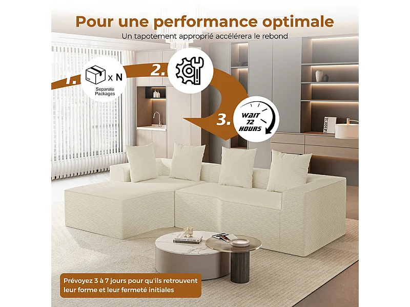Canapé d'angle gauche modulable, velours côtelé, avec 4 oreillers et méridienne, 270x152x59cm, Beige