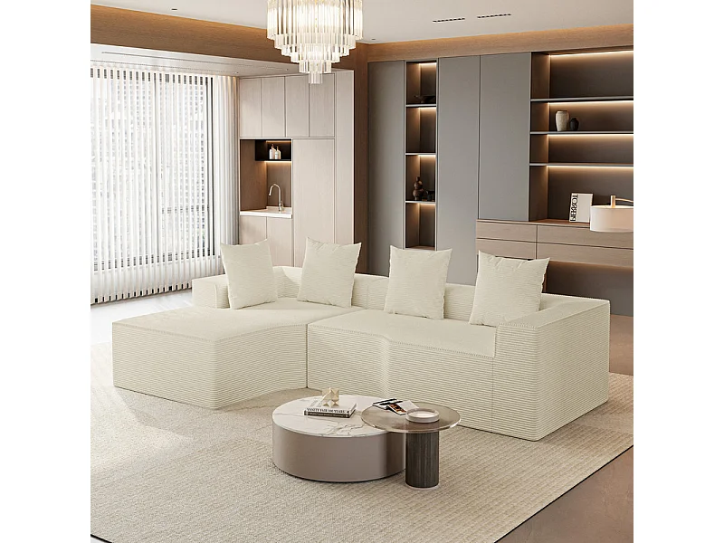 Canapé d'angle gauche modulable, velours côtelé, avec 4 oreillers et méridienne, 270x152x59cm, Beige