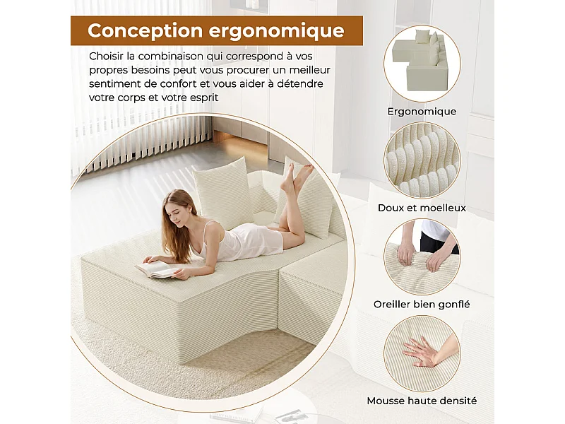 Canapé d'angle gauche modulable, velours côtelé, avec 4 oreillers et méridienne, 270x152x59cm, Beige