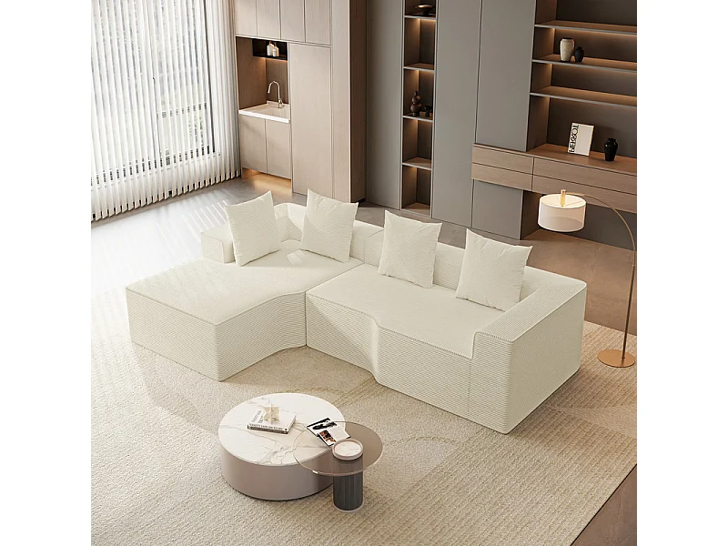 Canapé d'angle gauche modulable, velours côtelé, avec 4 oreillers et méridienne, 270x152x59cm, Beige