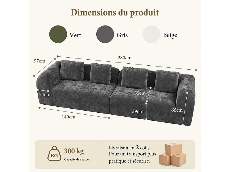 Canapé 4 places modulable en tissu chenille gris - avec 4 oreillers - 280x97x66cm