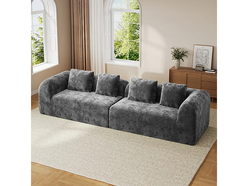 Canapé 4 places modulable en tissu chenille gris - avec 4 oreillers - 280x97x66cm