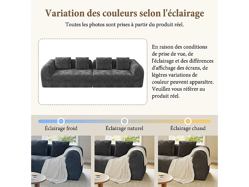 Canapé 4 places modulable en tissu chenille gris - avec 4 oreillers - 280x97x66cm