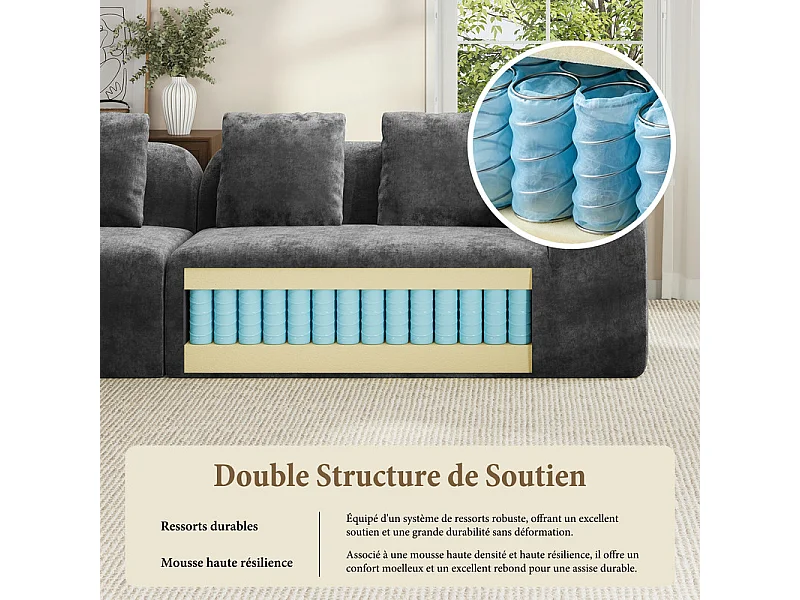 Canapé 4 places modulable en tissu chenille gris - avec 4 oreillers - 280x97x66cm