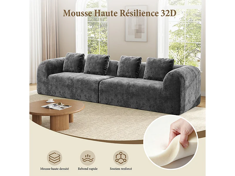 Canapé 4 places modulable en tissu chenille gris - avec 4 oreillers - 280x97x66cm