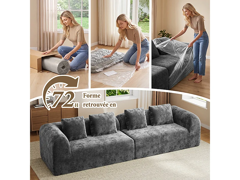 Canapé 4 places modulable en tissu chenille gris - avec 4 oreillers - 280x97x66cm