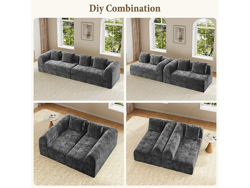 Canapé 4 places modulable en tissu chenille gris - avec 4 oreillers - 280x97x66cm