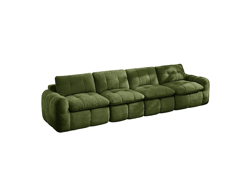 Sofá 4 plazas modular en tela chenilla verde, con cojín asiento y respaldo, 334x97x68cm