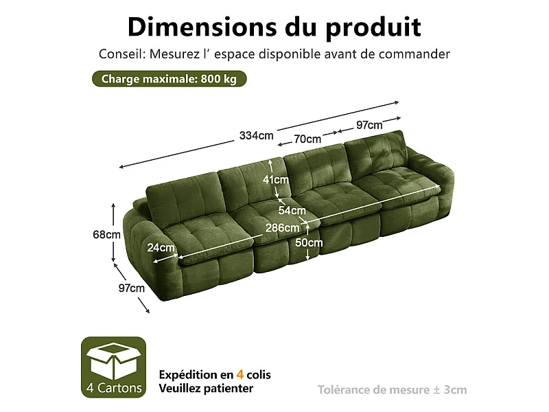Sofá 4 plazas modular en tela chenilla verde, con cojín asiento y respaldo, 334x97x68cm