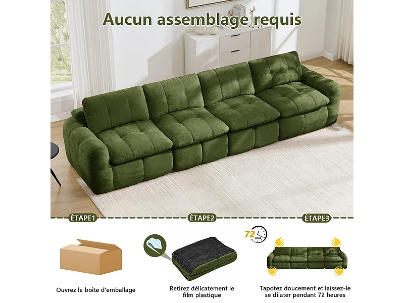 Sofá 4 plazas modular en tela chenilla verde, con cojín asiento y respaldo, 334x97x68cm