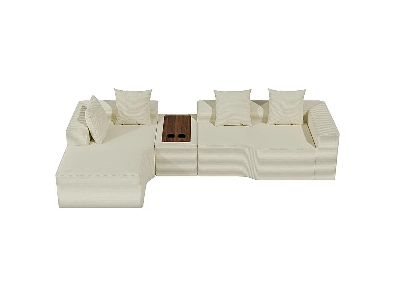 Canapé d'angle modulable en velours côtelé, avec gauche méridienne, table basse et porte-gobelets, 320x152x59cm, Beige