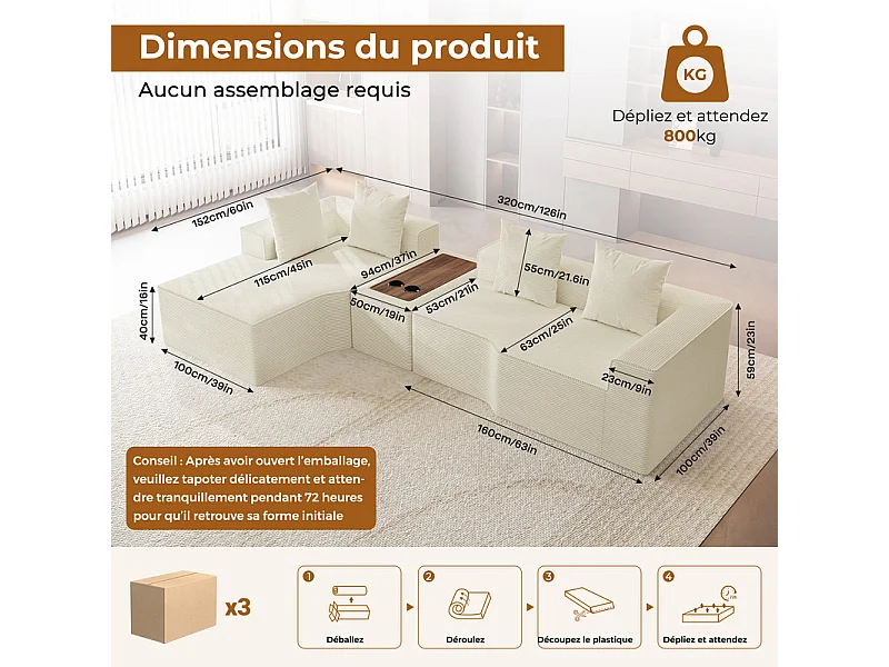 Canapé d'angle modulable en velours côtelé, avec gauche méridienne, table basse et porte-gobelets, 320x152x59cm, Beige