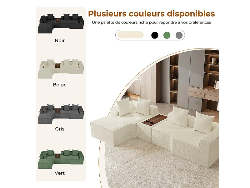 Canapé d'angle modulable en velours côtelé, avec gauche méridienne, table basse et porte-gobelets, 320x152x59cm, Beige