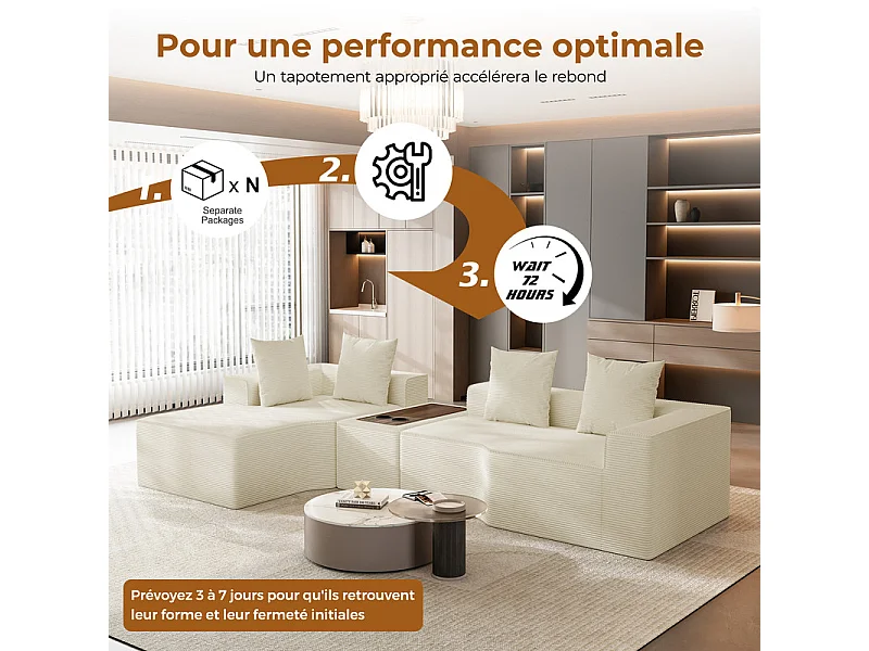 Canapé d'angle modulable en velours côtelé, avec gauche méridienne, table basse et porte-gobelets, 320x152x59cm, Beige