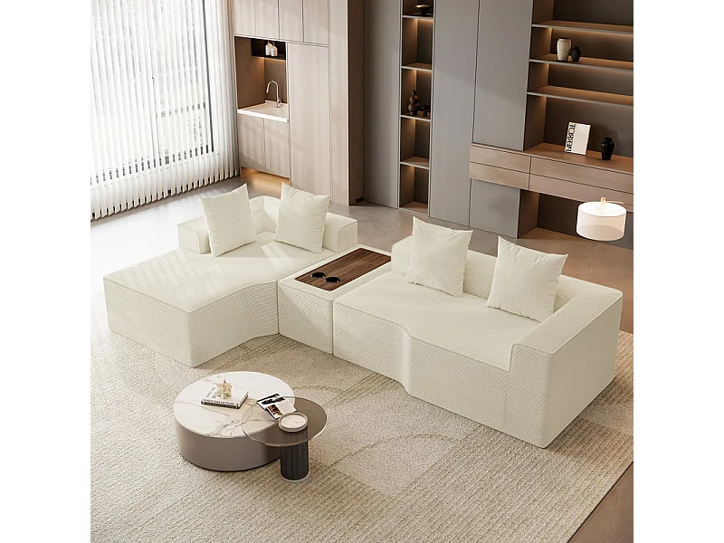 Canapé d'angle modulable en velours côtelé, avec gauche méridienne, table basse et porte-gobelets, 320x152x59cm, Beige