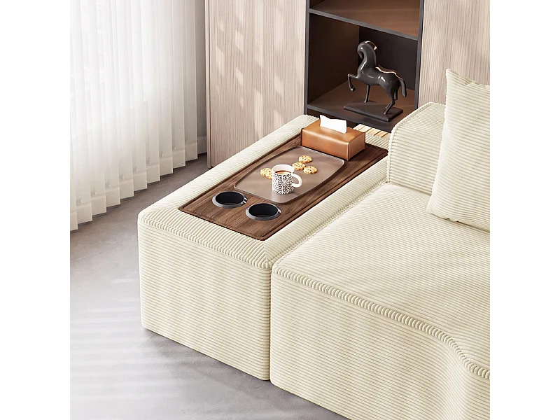 Canapé d'angle modulable en velours côtelé, avec gauche méridienne, table basse et porte-gobelets, 320x152x59cm, Beige