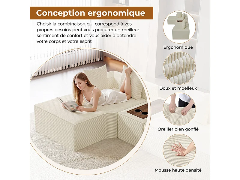 Canapé d'angle modulable en velours côtelé, avec gauche méridienne, table basse et porte-gobelets, 320x152x59cm, Beige