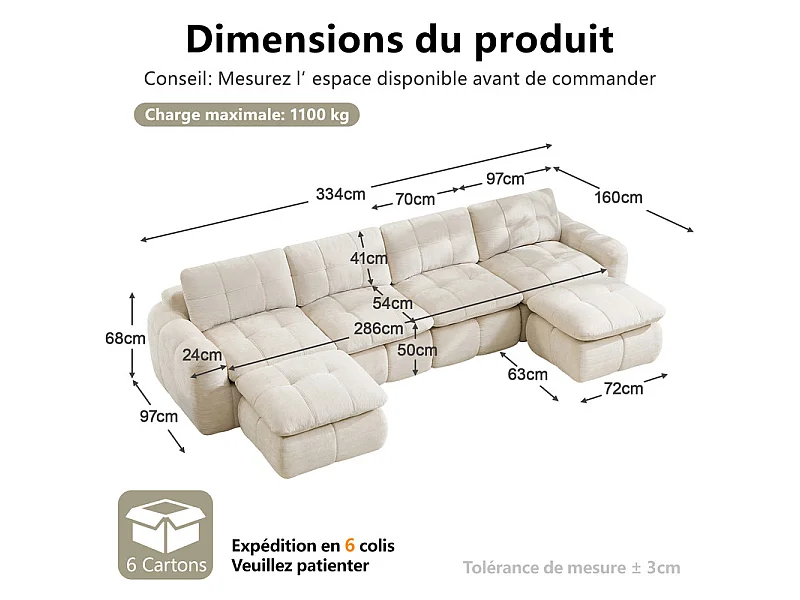 Sofá esquinero panorámico modular en tela chenilla, con 2 puf, 334x160x68cm, Beige