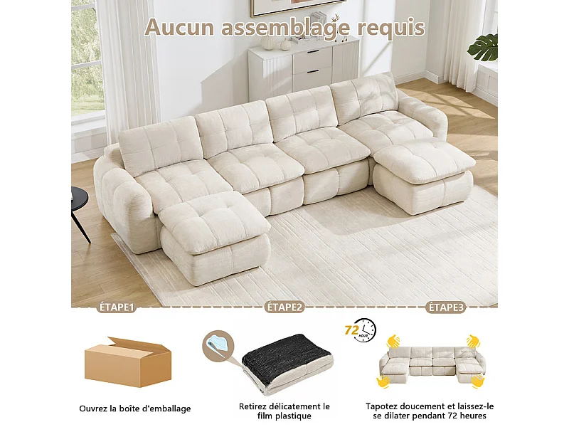 Sofá esquinero panorámico modular en tela chenilla, con 2 puf, 334x160x68cm, Beige