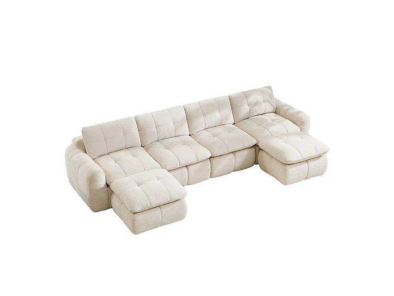 Sofá esquinero panorámico modular en tela chenilla, con 2 puf, 334x160x68cm, Beige