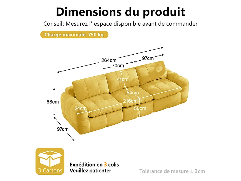 Canapé 3 places modulable en tissu chenille jaune, avec coussin d'assise et dossier, 264x97x68cm