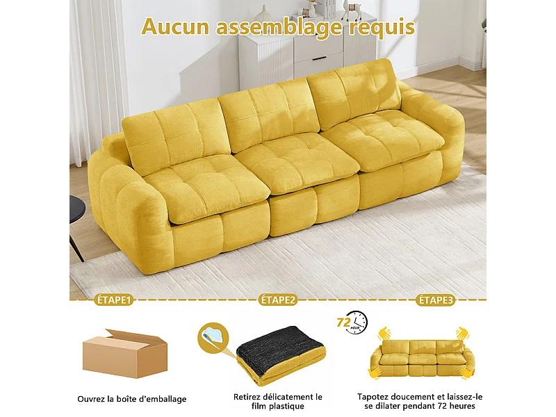Canapé 3 places modulable en tissu chenille jaune, avec coussin d'assise et dossier, 264x97x68cm