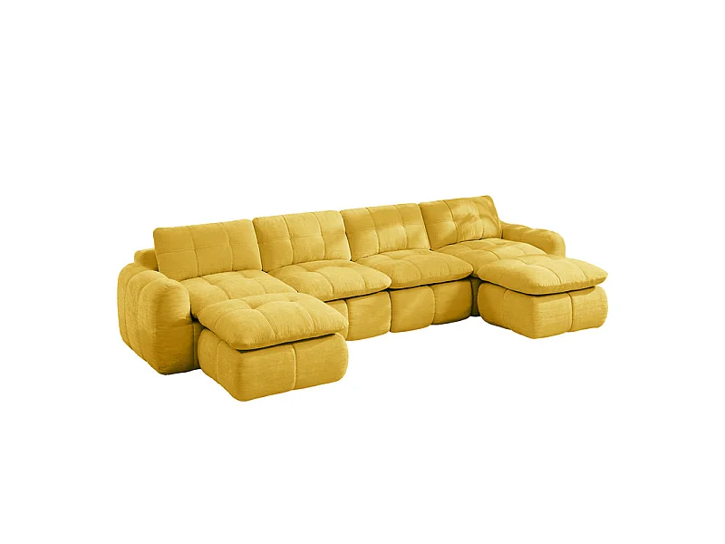 Canapé d'angle panoramique modulable en tissu chenille, avec 2 pouf, 334x160x68cm, Jaune