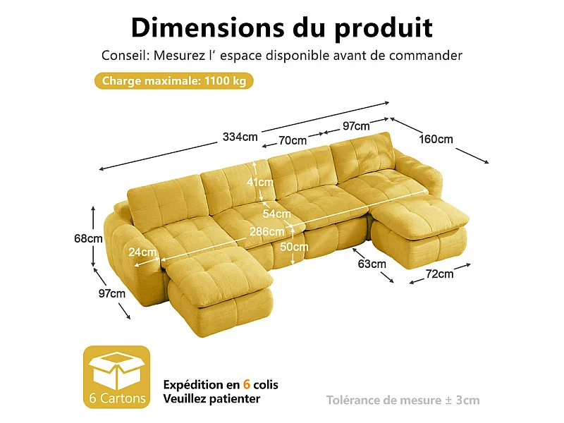 Canapé d'angle panoramique modulable en tissu chenille, avec 2 pouf, 334x160x68cm, Jaune