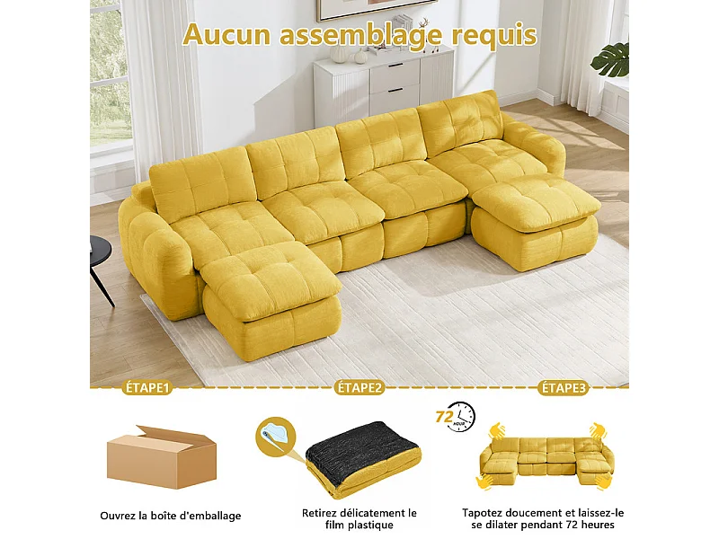 Canapé d'angle panoramique modulable en tissu chenille, avec 2 pouf, 334x160x68cm, Jaune