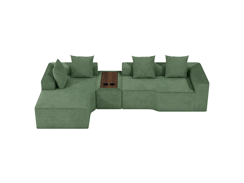 Canapé d'angle modulable en velours côtelé, avec gauche méridienne, table basse et porte-gobelets, 320x152x59cm, Vert