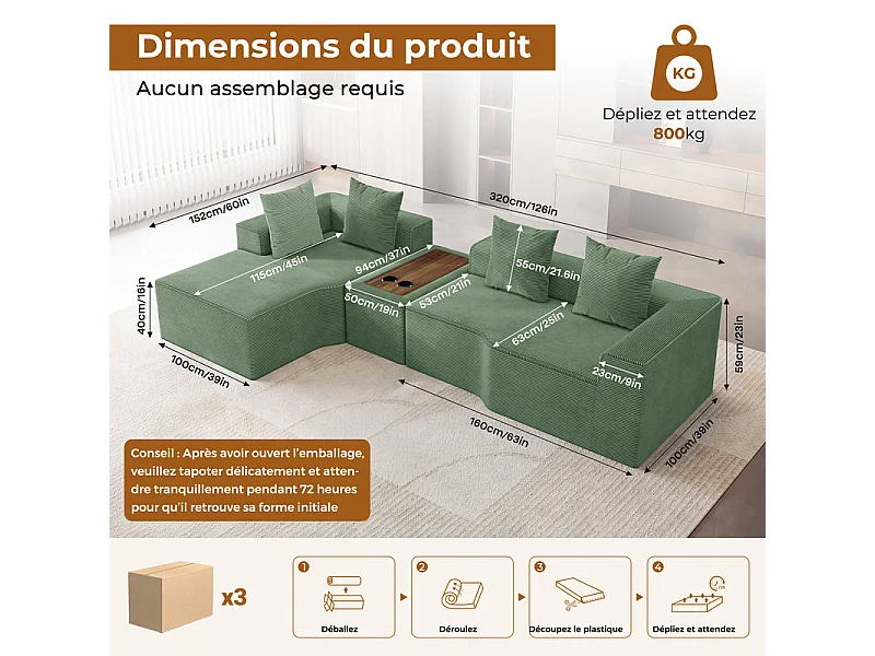 Canapé d'angle modulable en velours côtelé, avec gauche méridienne, table basse et porte-gobelets, 320x152x59cm, Vert