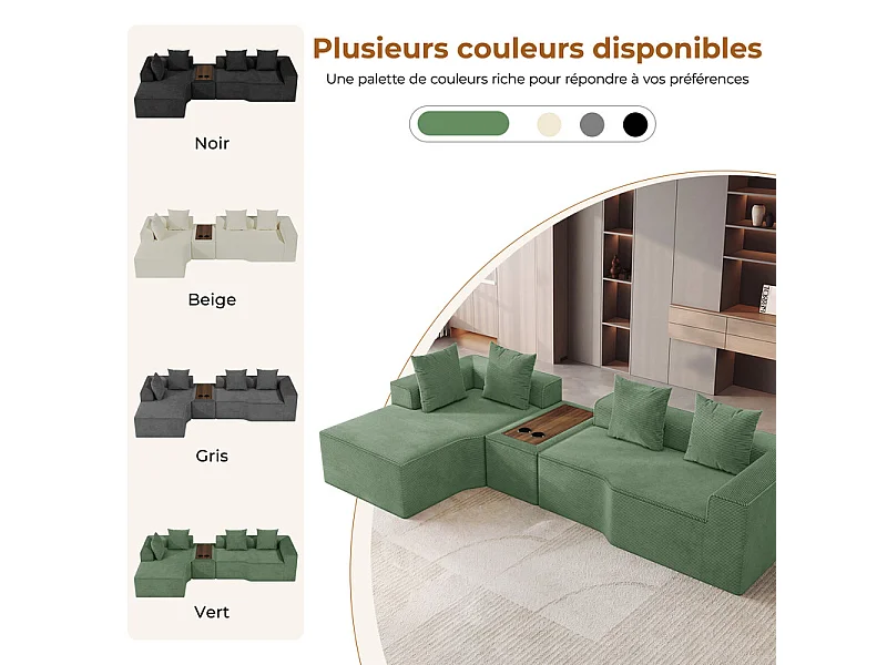 Canapé d'angle modulable en velours côtelé, avec gauche méridienne, table basse et porte-gobelets, 320x152x59cm, Vert