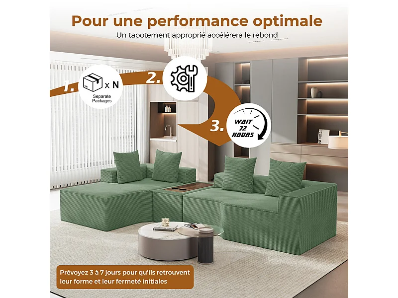 Canapé d'angle modulable en velours côtelé, avec gauche méridienne, table basse et porte-gobelets, 320x152x59cm, Vert