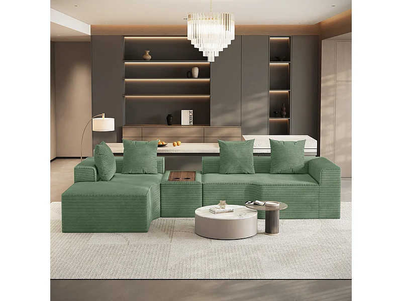 Canapé d'angle modulable en velours côtelé, avec gauche méridienne, table basse et porte-gobelets, 320x152x59cm, Vert