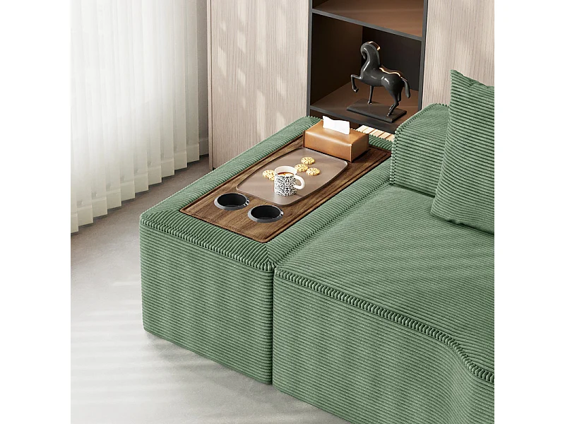 Canapé d'angle modulable en velours côtelé, avec gauche méridienne, table basse et porte-gobelets, 320x152x59cm, Vert
